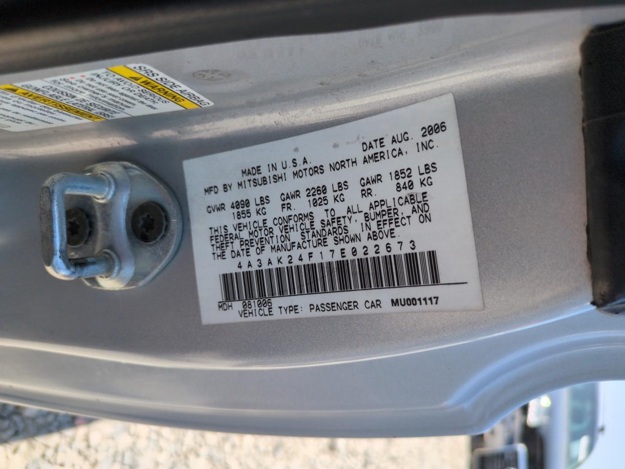 2007 Mitsubishi Eclipse Gs VIN: 4A3AK24F17E022673 Lot: 62019865