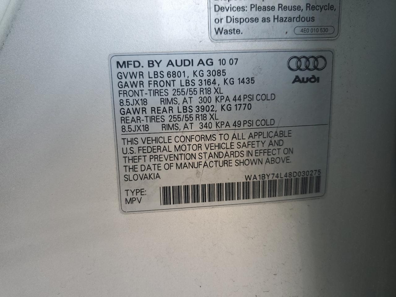 2008 Audi Q7 3.6 Quattro Premium VIN: WA1BY74L48D030275 Lot: 62179715