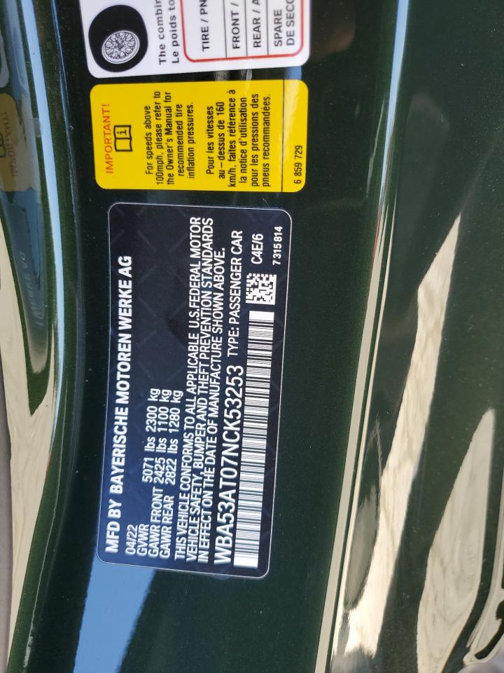 2022 BMW M440I VIN: WBA53AT07NCK53253 Lot: 61175705
