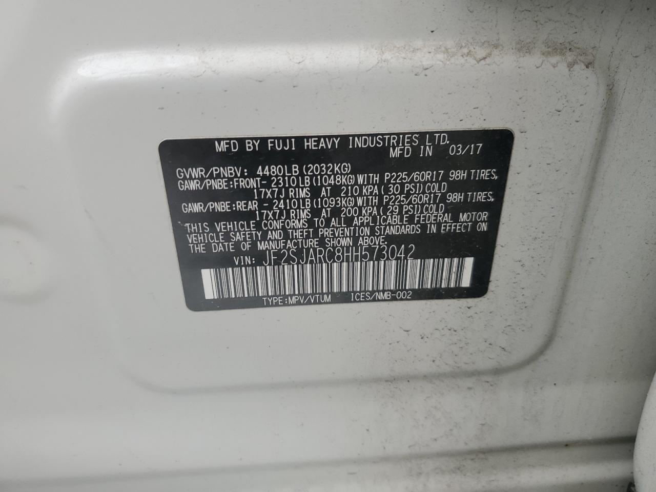 2017 Subaru Forester 2.5I Limited VIN: JF2SJARC8HH573042 Lot: 61000575