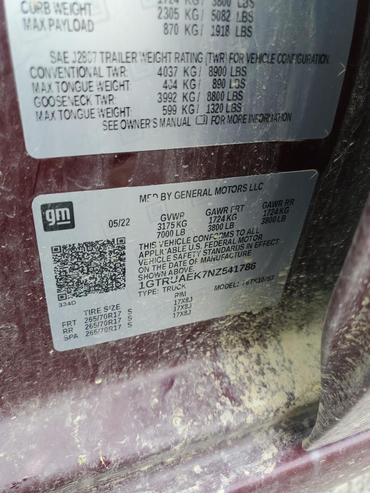 2022 GMC Sierra K1500 VIN: 1GTRUAEK7NZ541786 Lot: 62353785