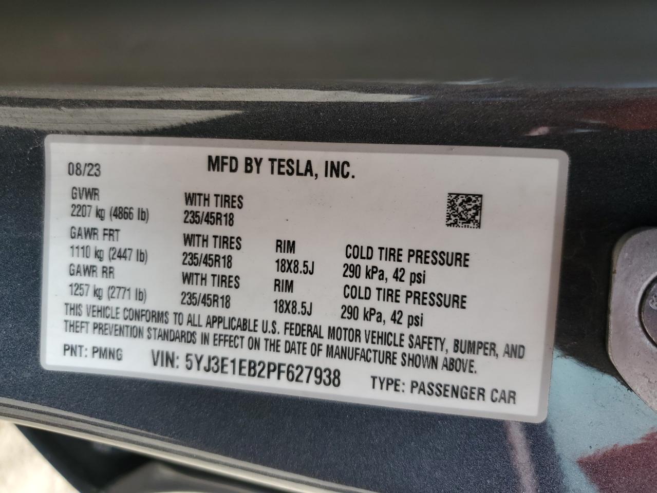 2023 Tesla Model 3 VIN: 5YJ3E1EB2PF627938 Lot: 61849355