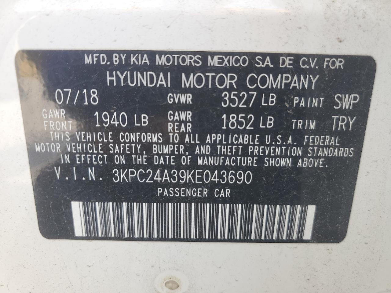 2019 Hyundai Accent Se VIN: 3KPC24A39KE043690 Lot: 60474375