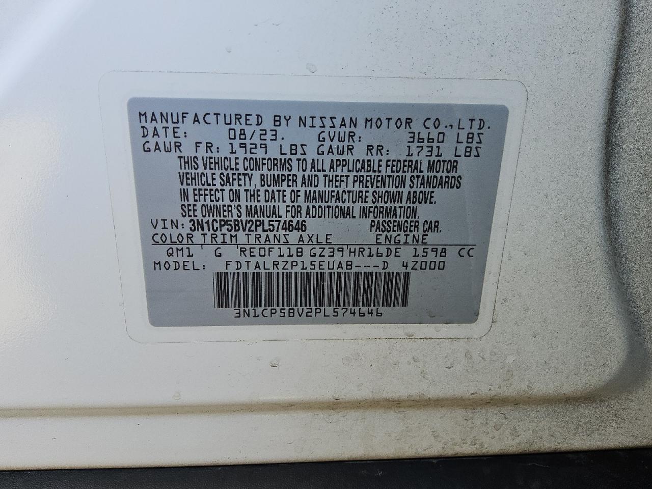 2023 Nissan Kicks S VIN: 3N1CP5BV2PL574646 Lot: 63112155