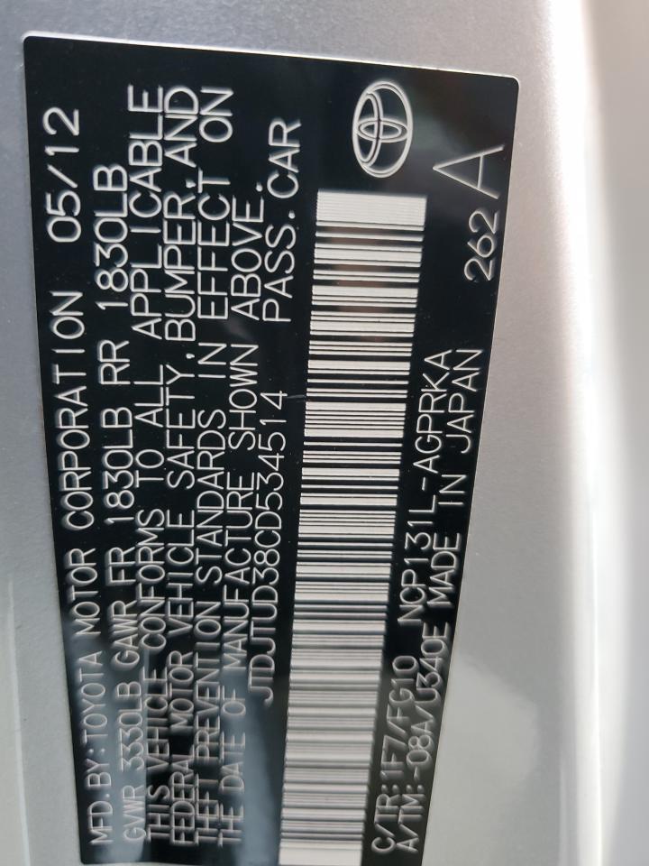 2012 Toyota Yaris VIN: JTDJTUD38CD534514 Lot: 59917695