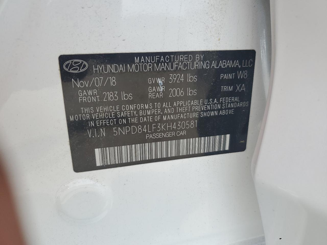 2019 Hyundai Elantra Sel VIN: 5NPD84LF3KH430581 Lot: 59655215