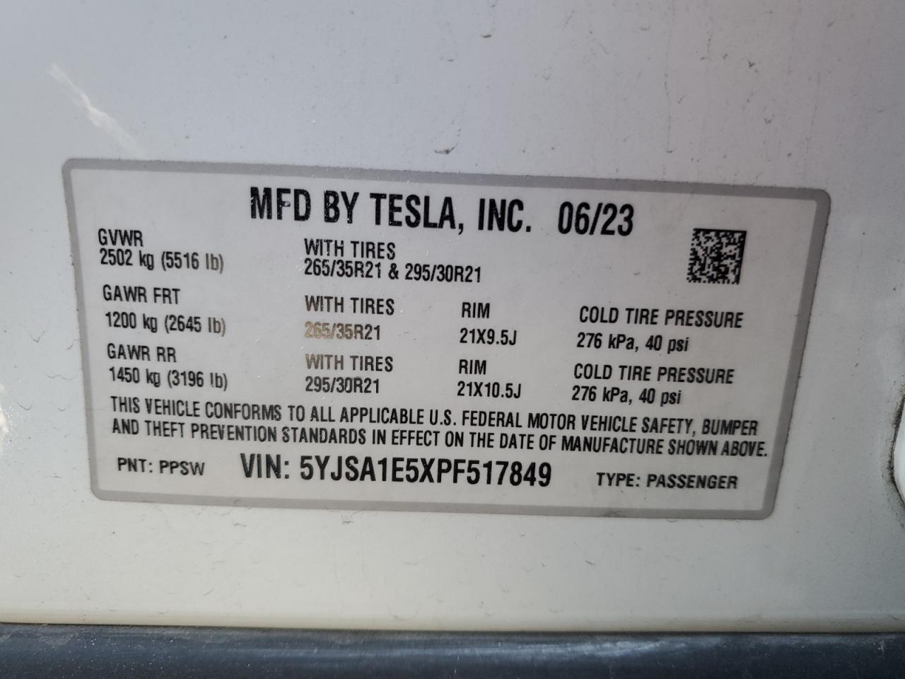 2023 Tesla Model S VIN: 5YJSA1E5XPF517849 Lot: 61959815