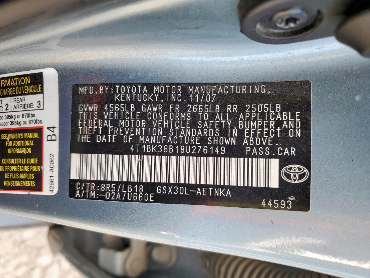 2008 Toyota Avalon Xl VIN: 4T1BK36B18U276149 Lot: 62193465