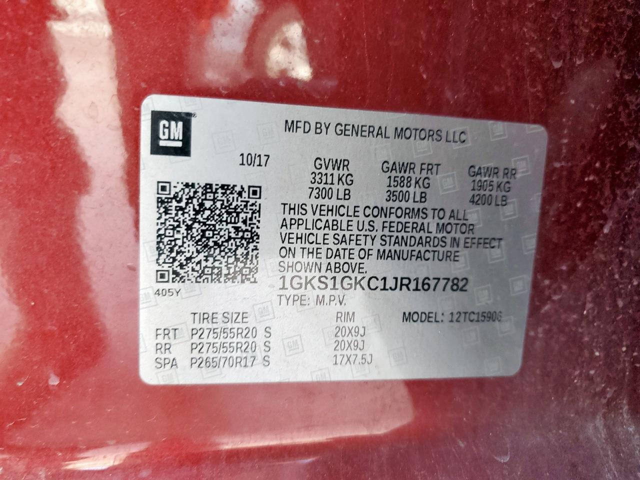 2018 GMC Yukon Xl C1500 Slt VIN: 1GKS1GKC1JR167782 Lot: 62600785