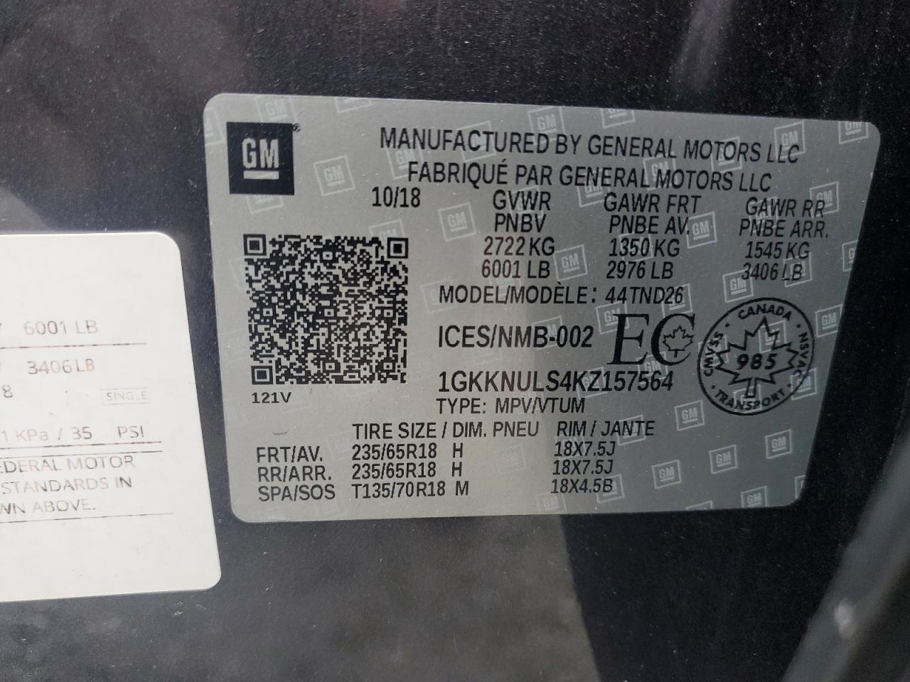 2019 GMC Acadia Slt-1 VIN: 1GKKNULS4KZ157564 Lot: 62398365