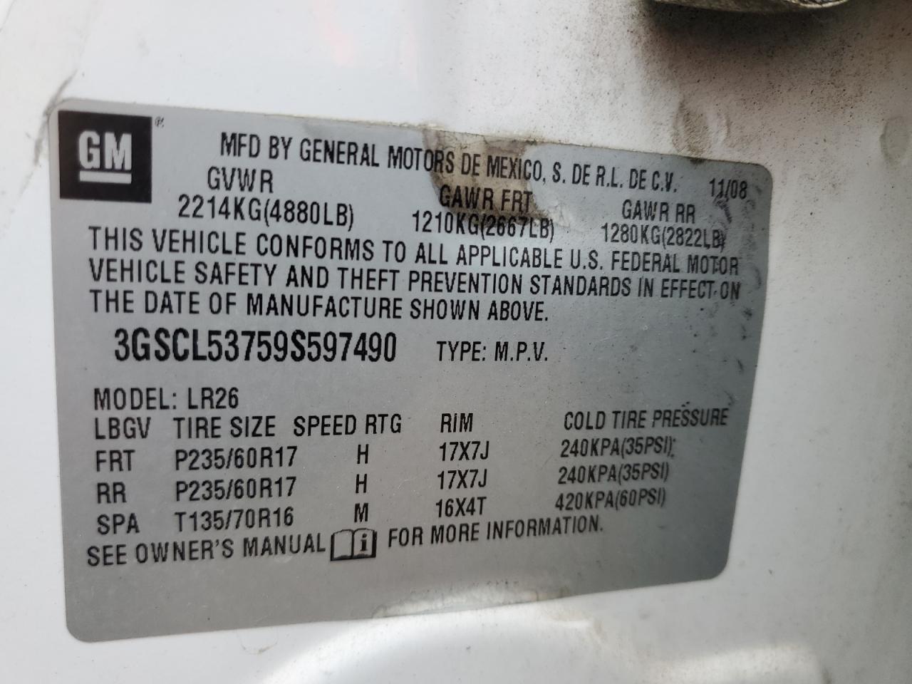 2009 Saturn Vue Xr VIN: 3GSCL53759S597490 Lot: 62534865