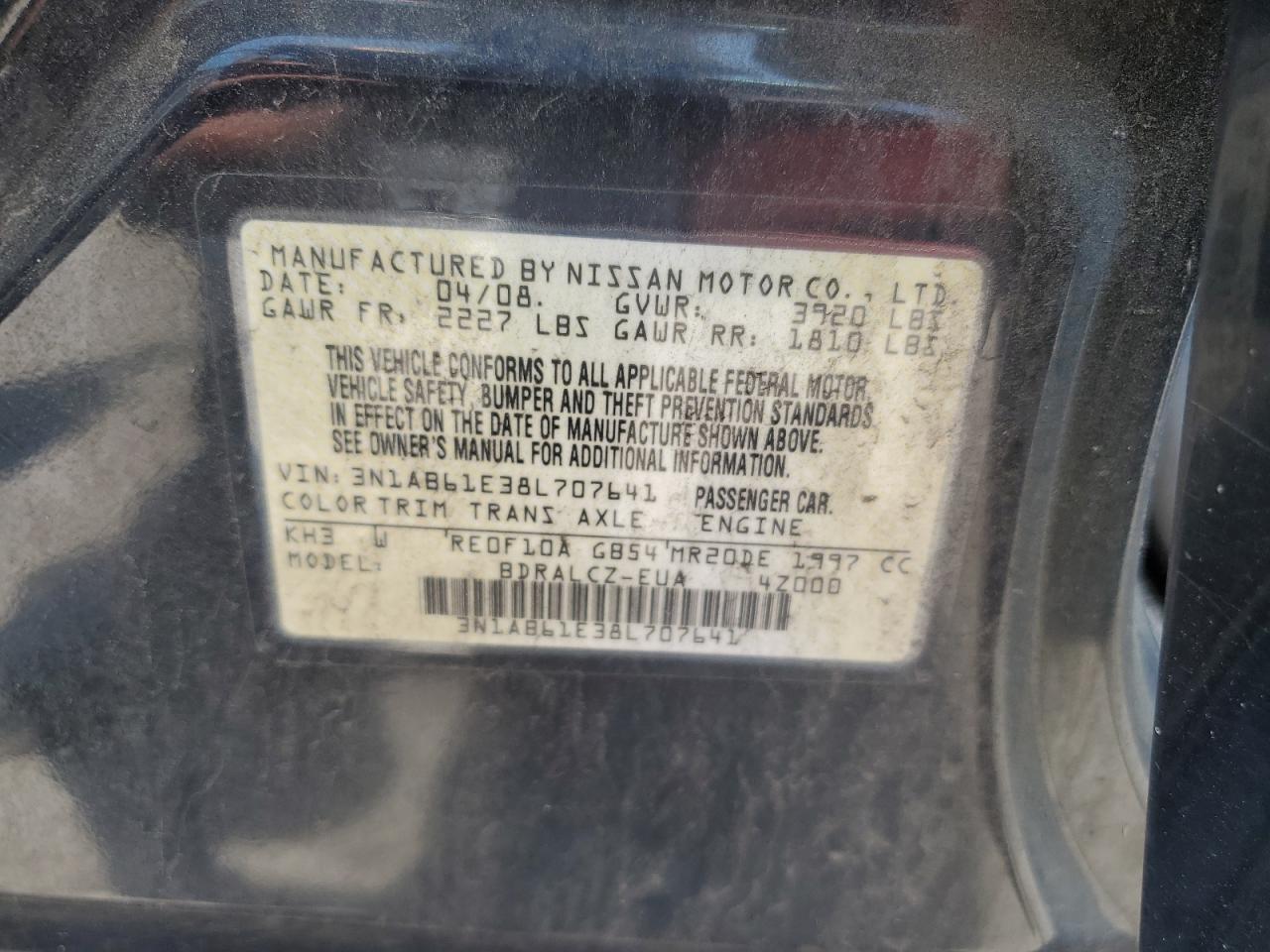 2008 Nissan Sentra 2.0 VIN: 3N1AB61E38L707641 Lot: 86166735