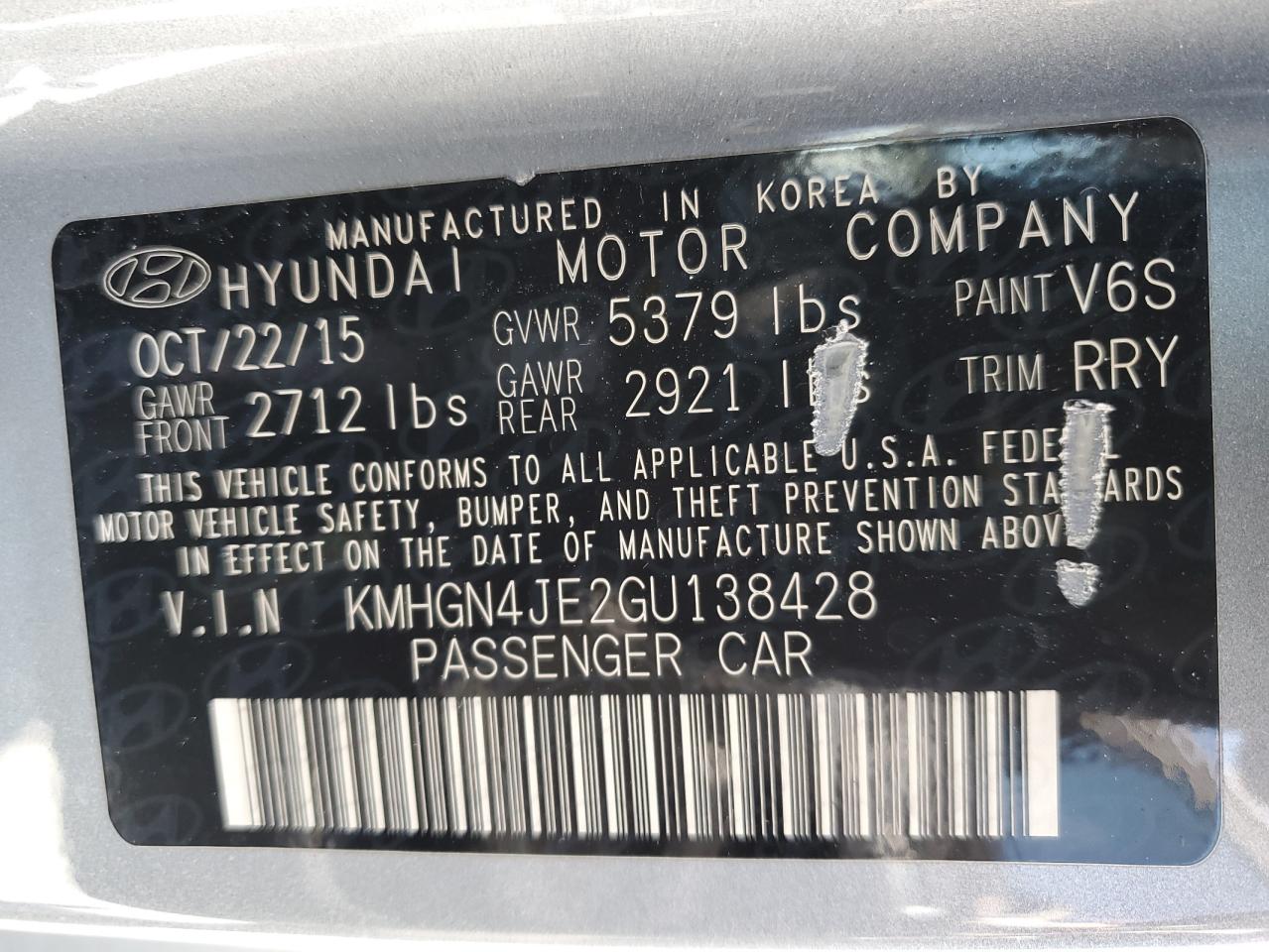 2016 Hyundai Genesis 3.8L VIN: KMHGN4JE2GU138428 Lot: 61870045