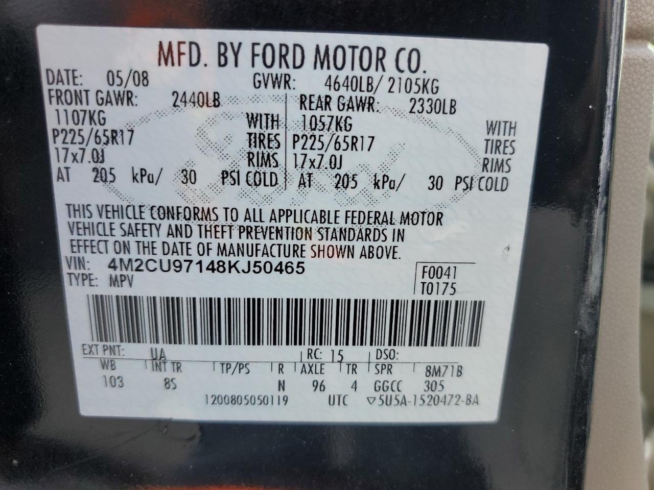 2008 Mercury Mariner Premier VIN: 4M2CU97148KJ50465 Lot: 62383805