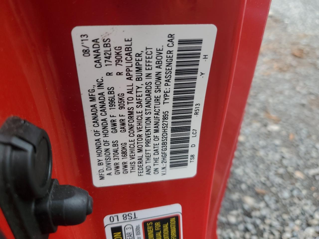 2013 Honda Civic Lx VIN: 2HGFG3B52DH527895 Lot: 59958915
