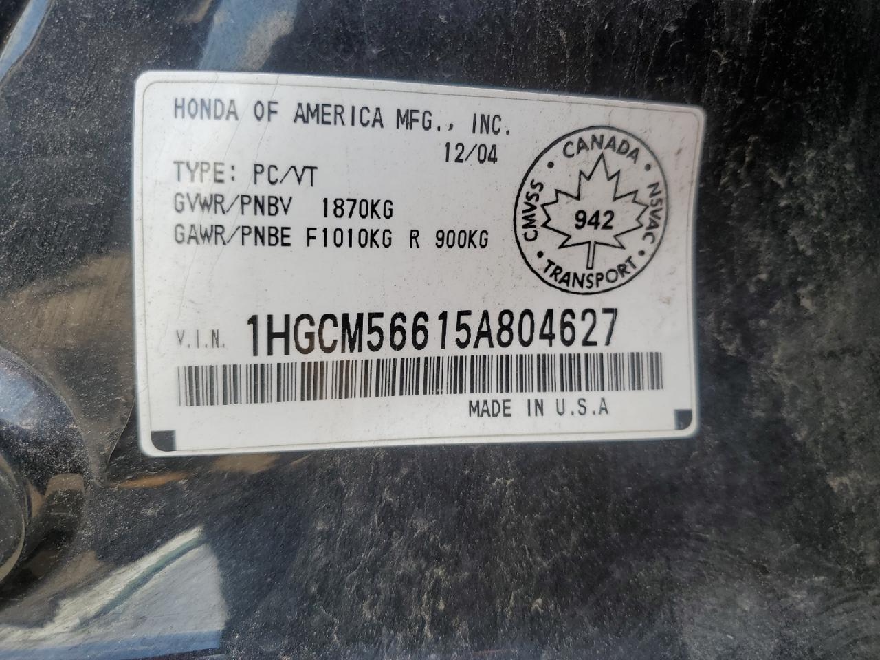 2005 Honda Accord Ex VIN: 1HGCM56615A804627 Lot: 58985195