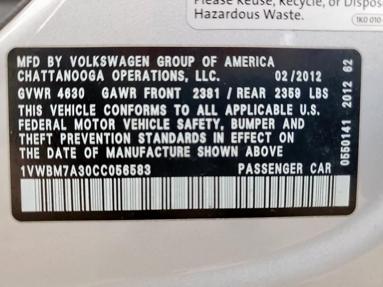 2012 Volkswagen Passat Se VIN: 1VWBM7A30CC056583 Lot: 62166245