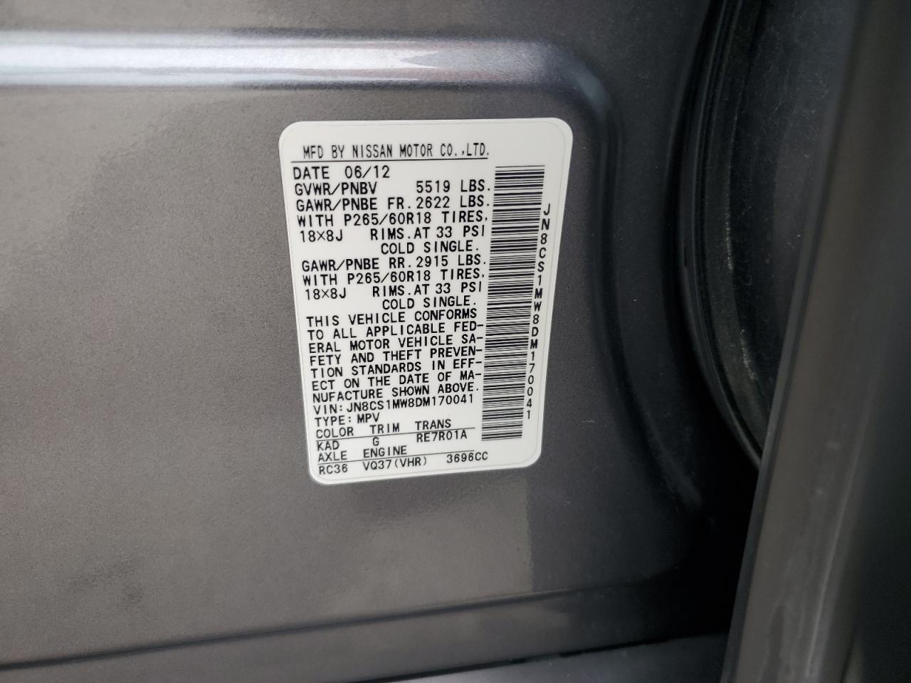 2013 Infiniti Fx37 VIN: JN8CS1MW8DM170041 Lot: 59772065