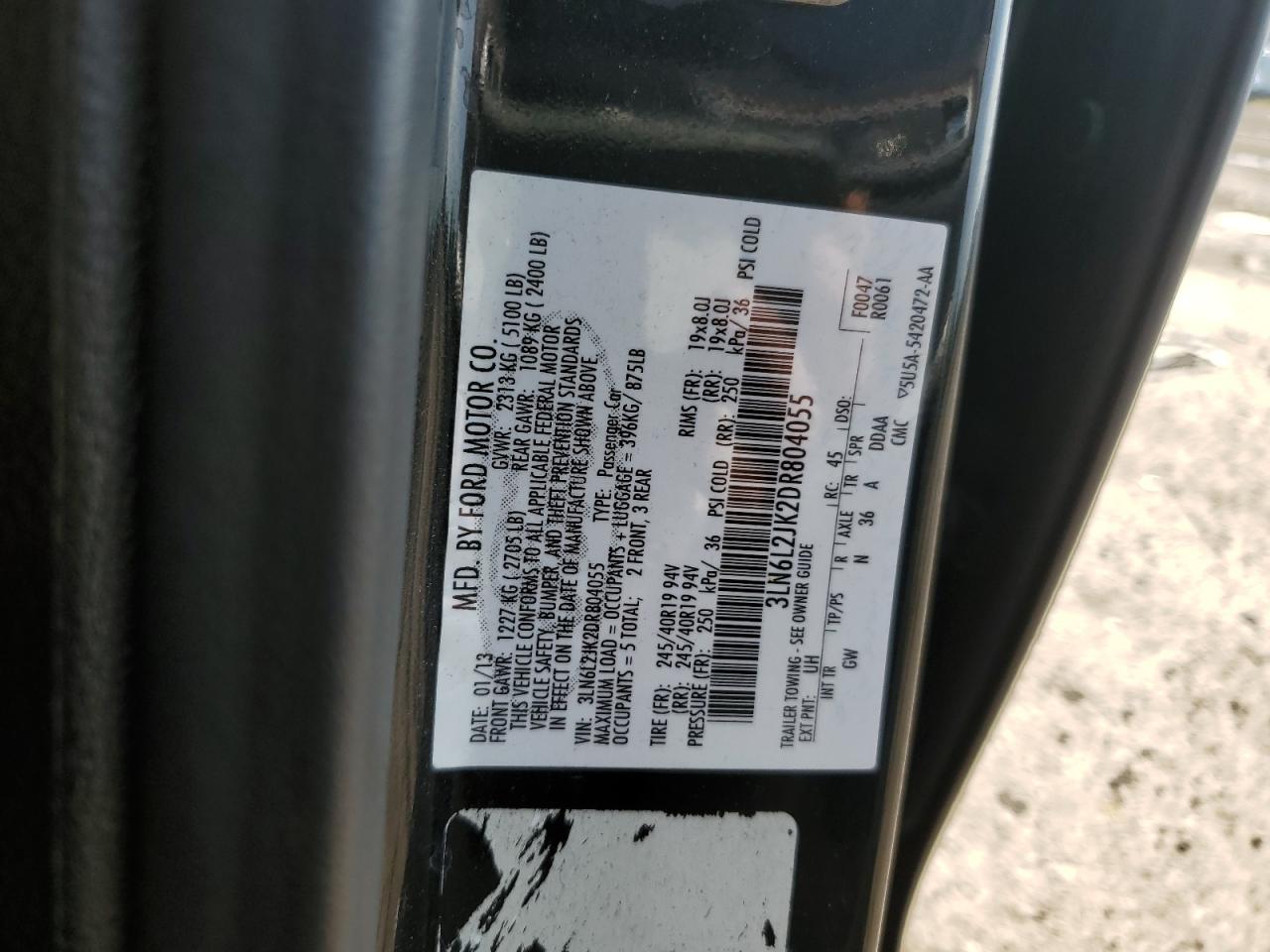 2013 Lincoln Mkz VIN: 3LN6L2JK2DR804055 Lot: 62258175