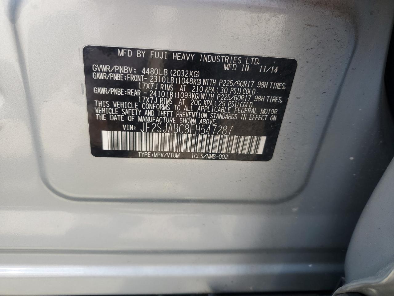 2015 Subaru Forester 2.5I VIN: JF2SJABC8FH547287 Lot: 62502985