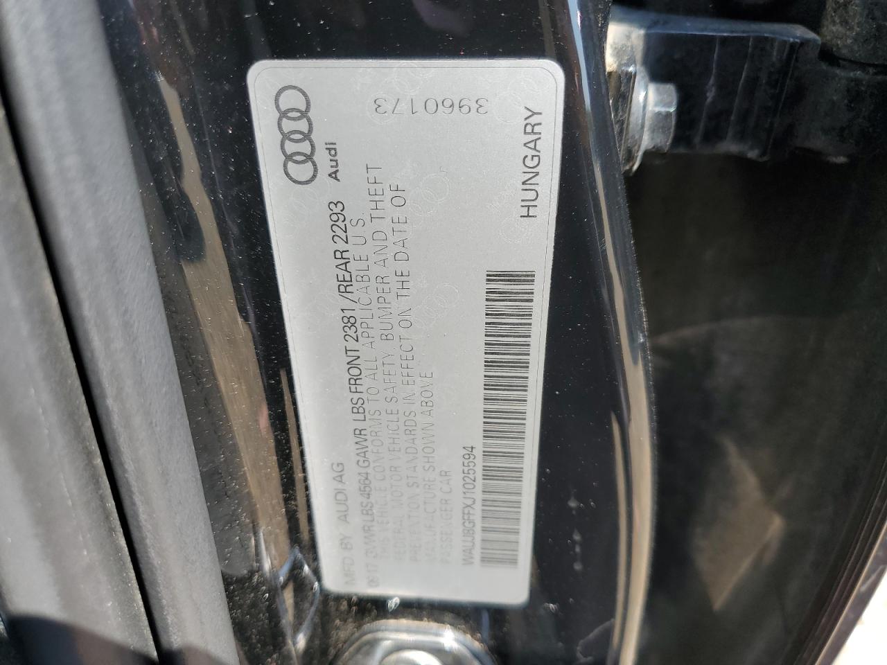 2018 Audi A3 Premium Plus VIN: WAUJ8GFFXJ1025594 Lot: 61924015