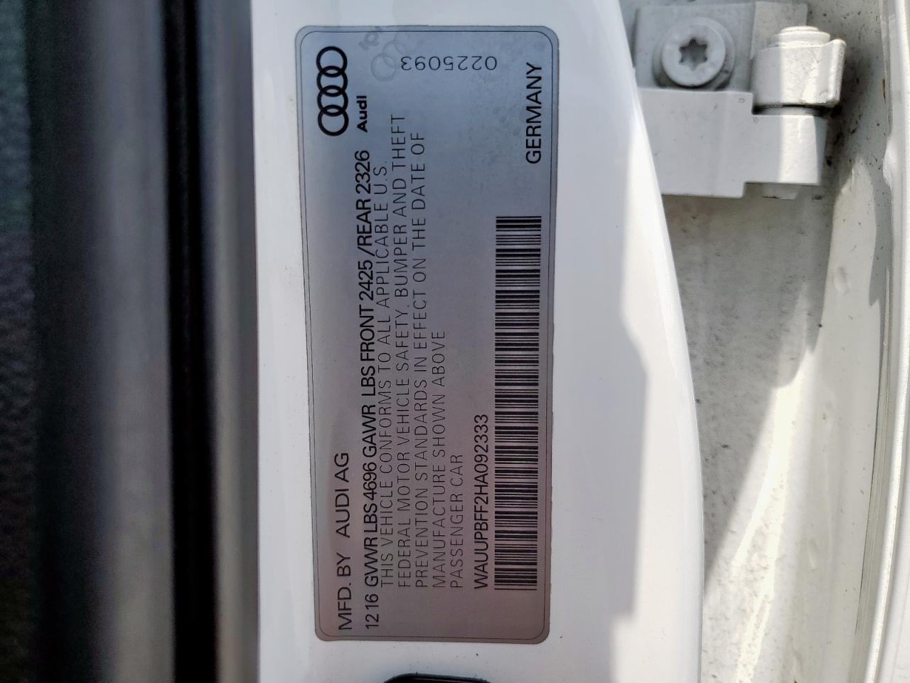 2017 Audi A3 E-Tron Premium VIN: WAUUPBFF2HA092333 Lot: 61505035