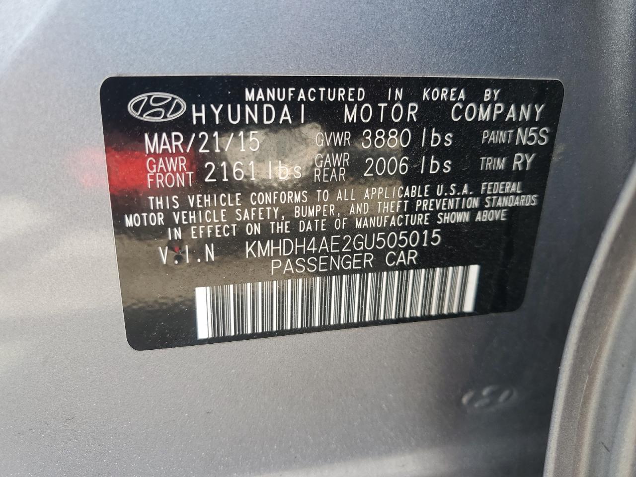 2016 Hyundai Elantra Se VIN: KMHDH4AE2GU505015 Lot: 61926725