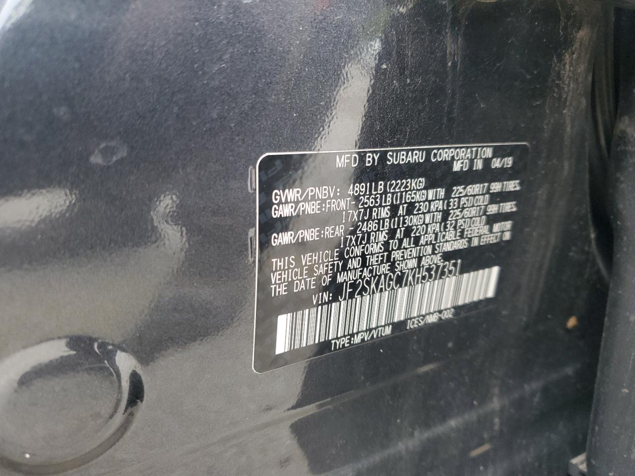 2019 Subaru Forester Premium VIN: JF2SKAGC7KH537351 Lot: 62897655