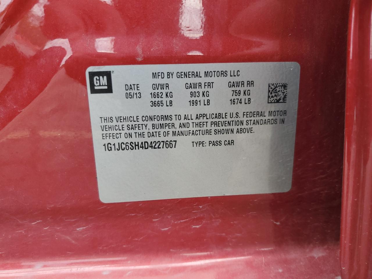 2013 Chevrolet Sonic Lt VIN: 1G1JC6SH4D4227667 Lot: 62056585