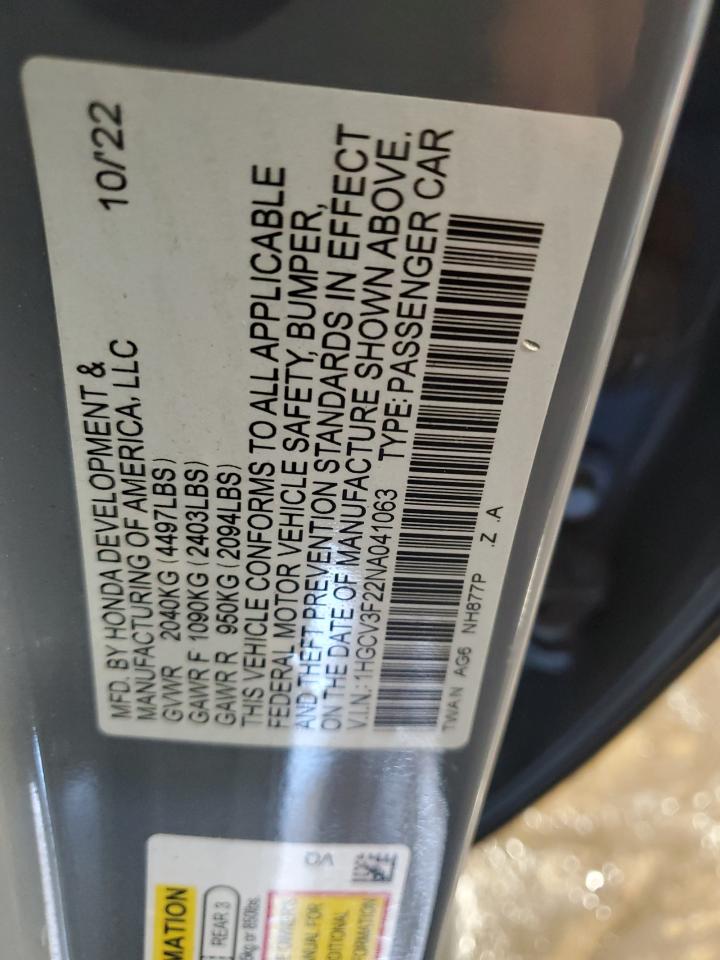 2022 Honda Accord Hybrid Sport VIN: 1HGCV3F22NA041063 Lot: 61650915