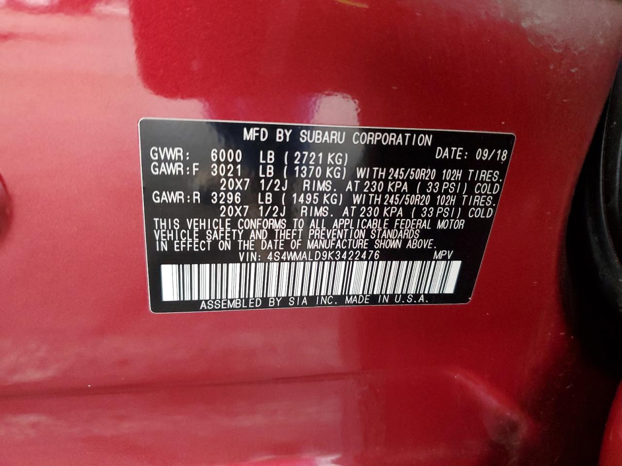2019 Subaru Ascent Limited VIN: 4S4WMALD9K3422476 Lot: 62397875