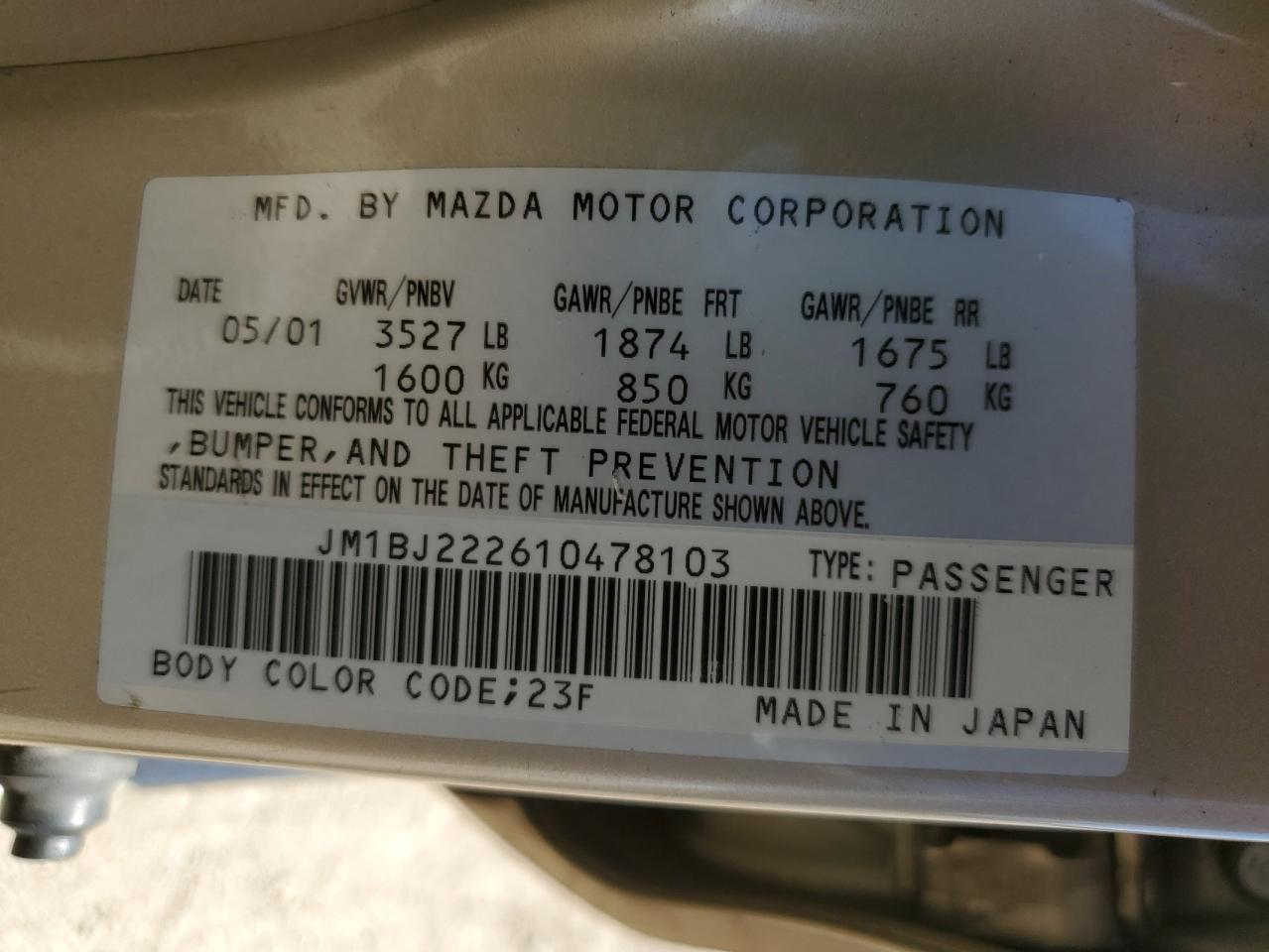 2001 Mazda Protege Dx VIN: JM1BJ222610478103 Lot: 61644785