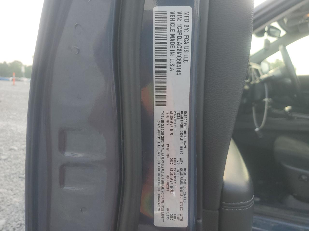 2021 Dodge Durango Sxt VIN: 1C4RDJAG8MC664144 Lot: 59460515