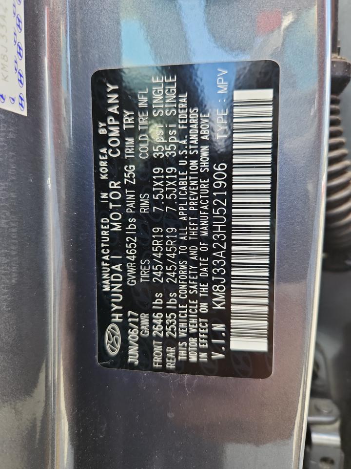 2017 Hyundai Tucson Limited VIN: KM8J33A23HU521906 Lot: 62571645