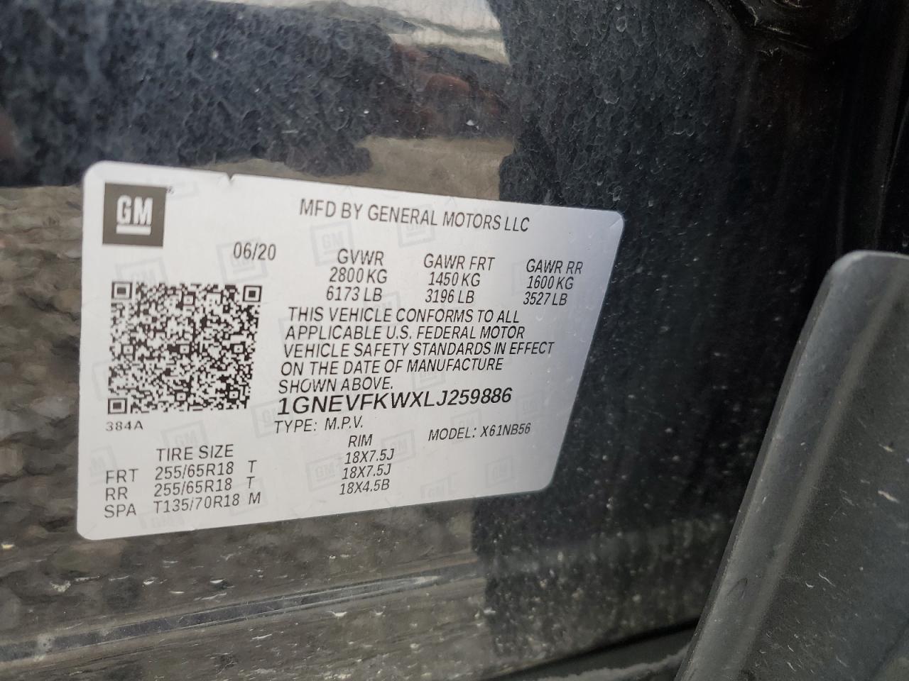 2020 Chevrolet Traverse Ls VIN: 1GNEVFKWXLJ259886 Lot: 59482115