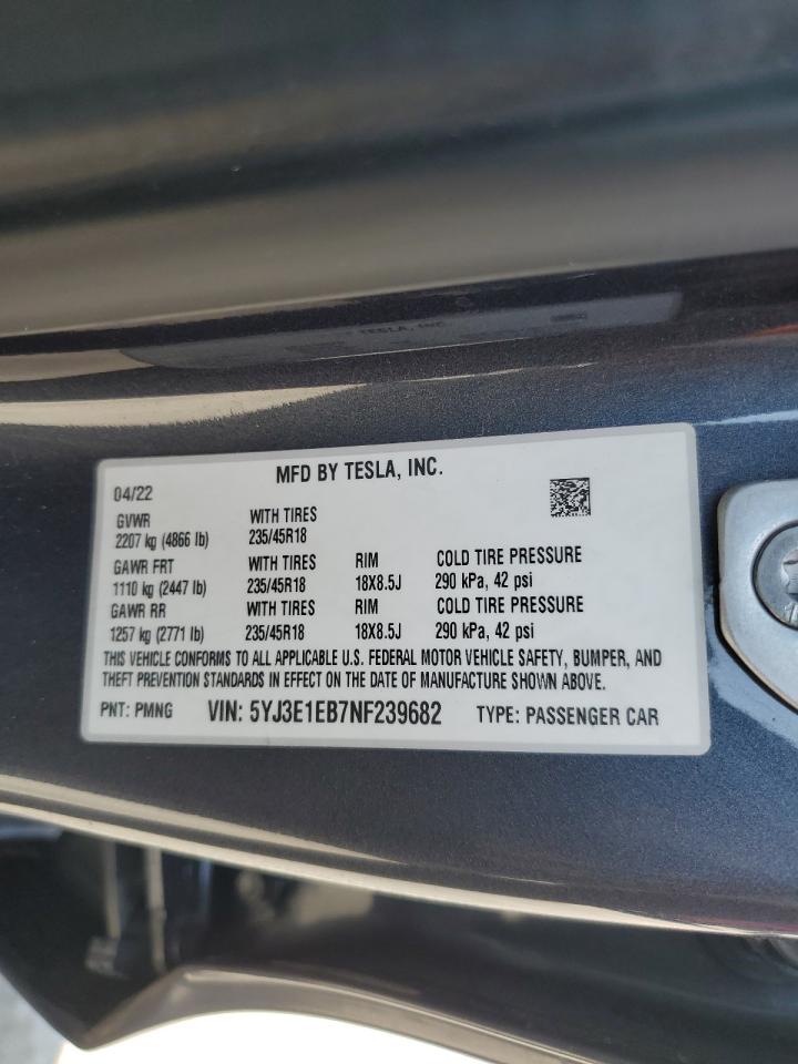 2022 Tesla Model 3 VIN: 5YJ3E1EB7NF239682 Lot: 61079275