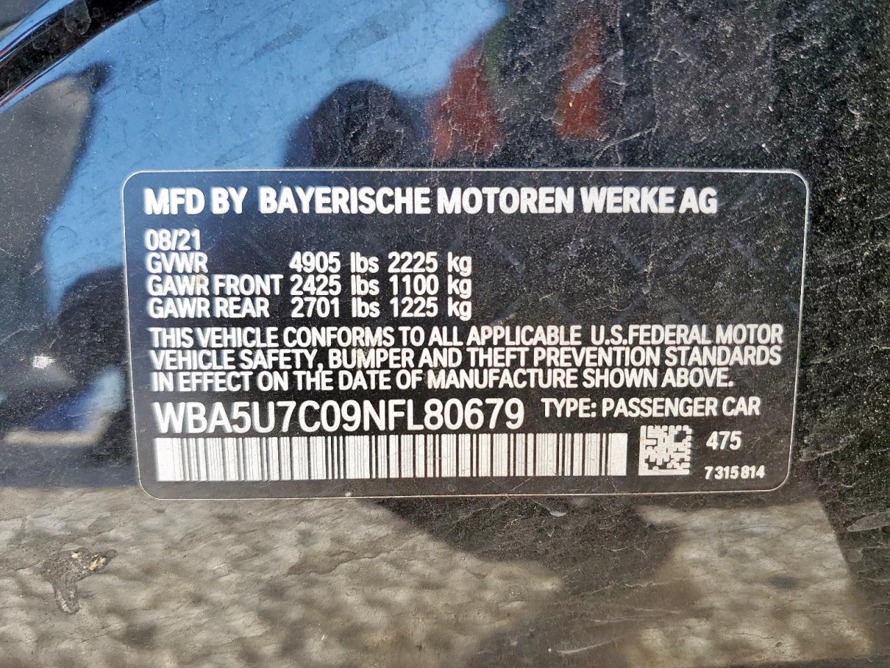 2022 BMW M340I VIN: WBA5U7C09NFL80679 Lot: 60551815