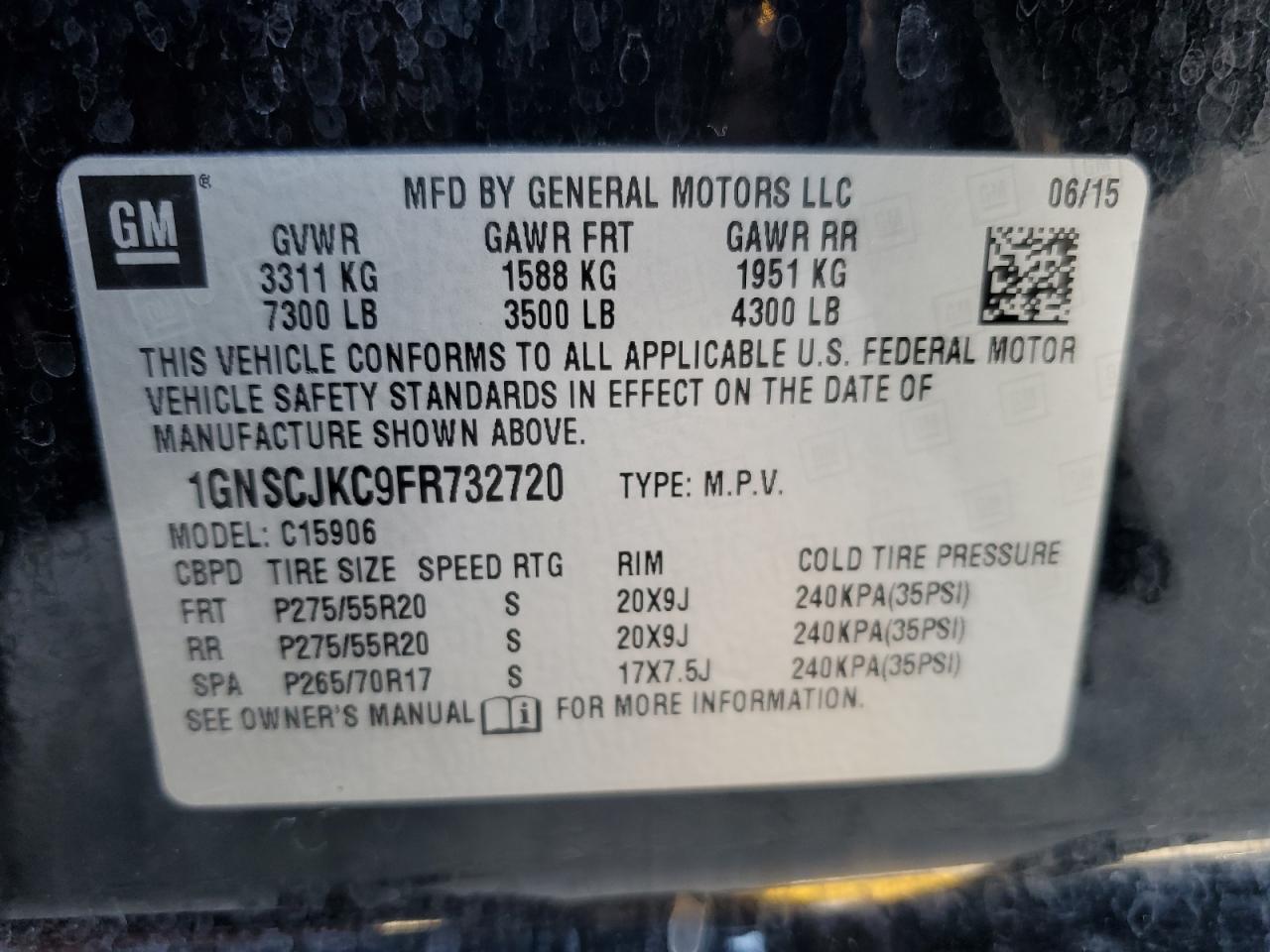 2015 Chevrolet Suburban C1500 Lt VIN: 1GNSCJKC9FR732720 Lot: 62564765