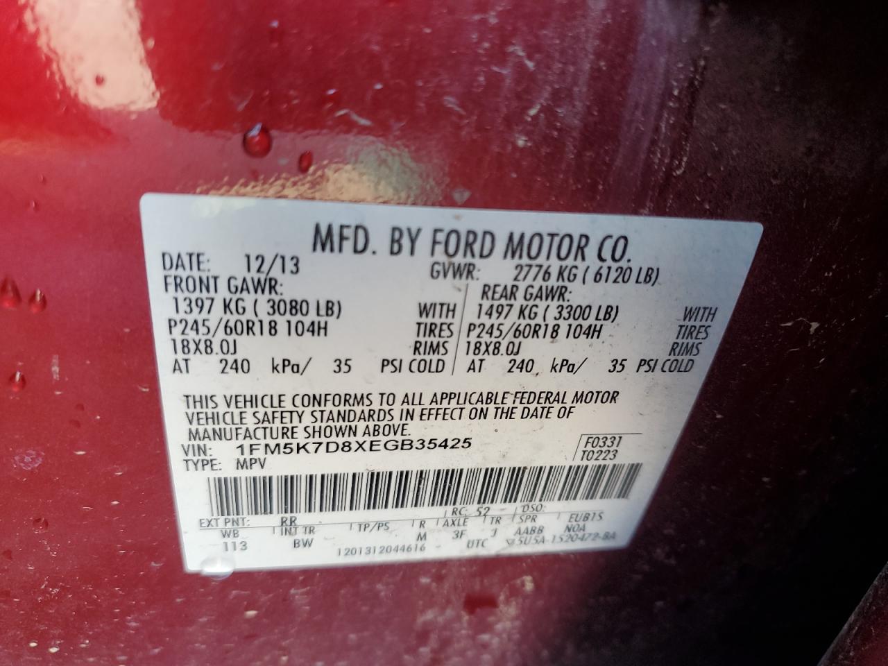 2014 Ford Explorer Xlt VIN: 1FM5K7D8XEGB35425 Lot: 60713375