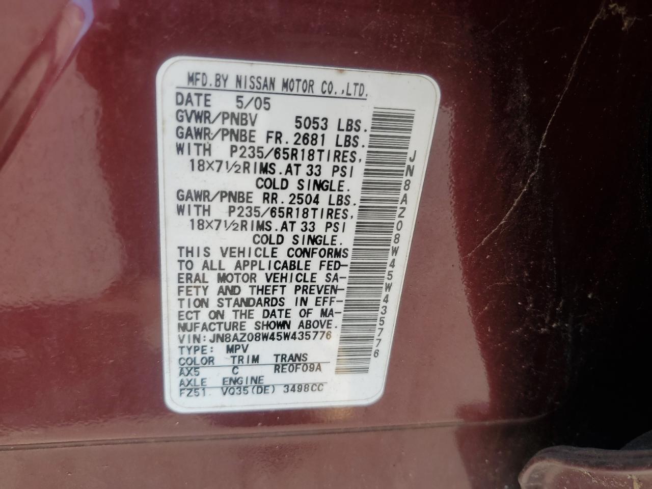 2005 Nissan Murano Sl VIN: JN8AZ08W45W435776 Lot: 59667615