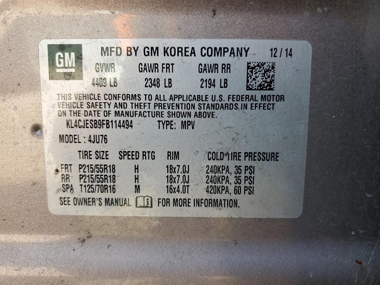 2015 BUICK ENCORE with FRONT END damage, VIN KL4CJESB9FB114494