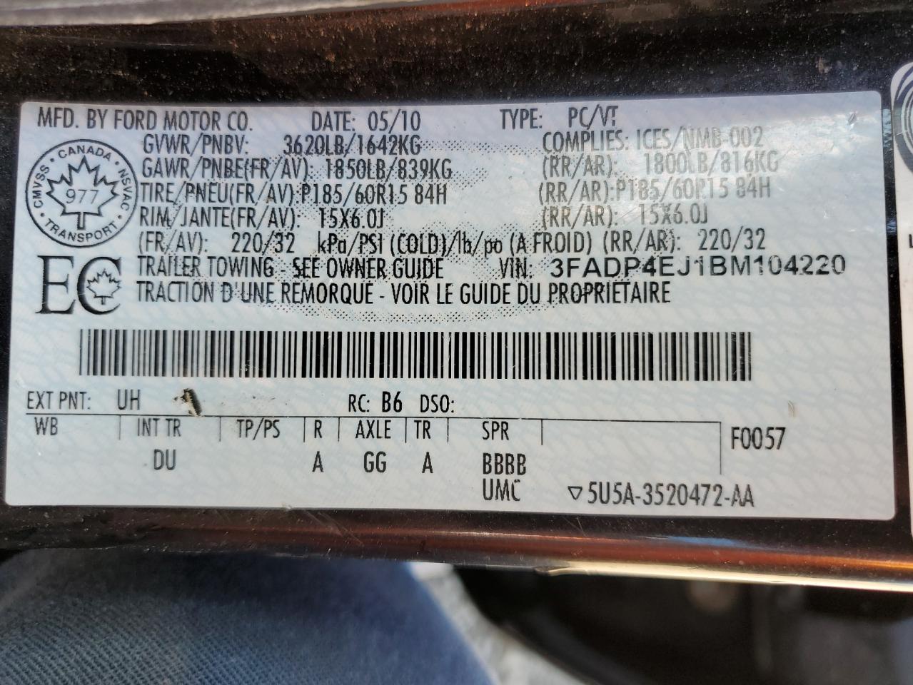2011 Ford Fiesta Se VIN: 3FADP4EJ1BM104220 Lot: 62938535