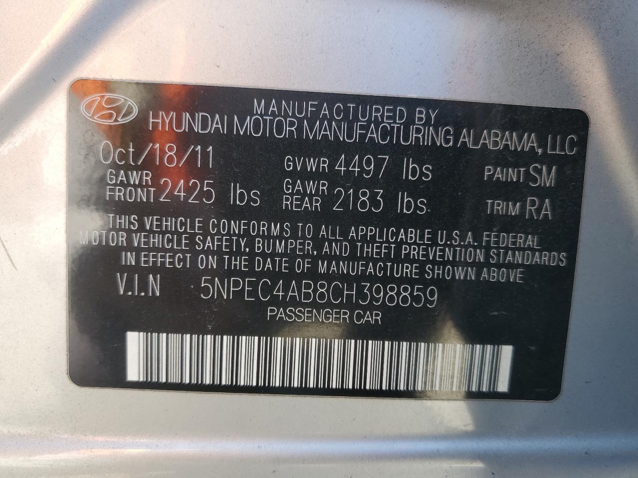 2012 Hyundai Sonata Se VIN: 5NPEC4AB8CH398859 Lot: 62945205