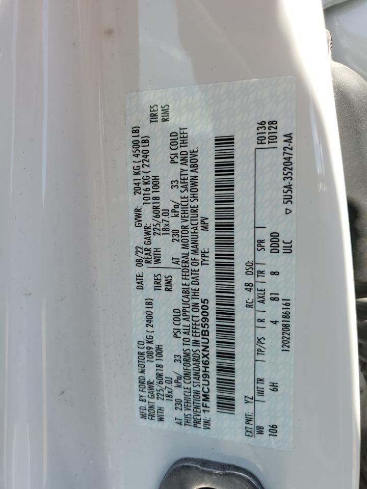 2022 Ford Escape Sel VIN: 1FMCU9H6XNUB59005 Lot: 61960025
