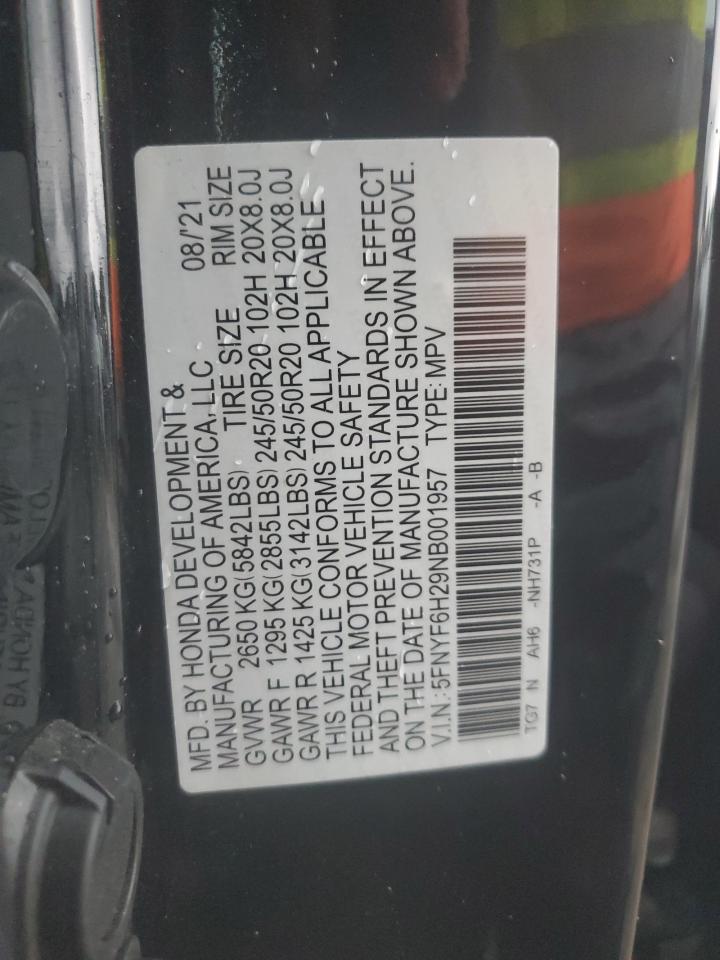 2022 Honda Pilot Se VIN: 5FNYF6H29NB001957 Lot: 60894795
