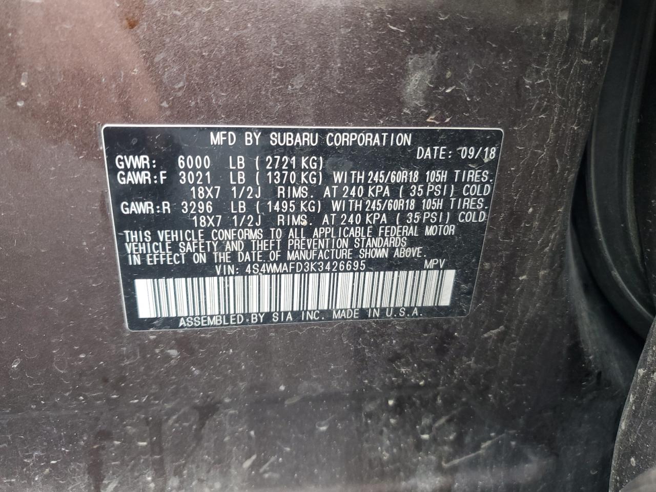 2019 Subaru Ascent Premium VIN: 4S4WMAFD3K3426695 Lot: 60237085