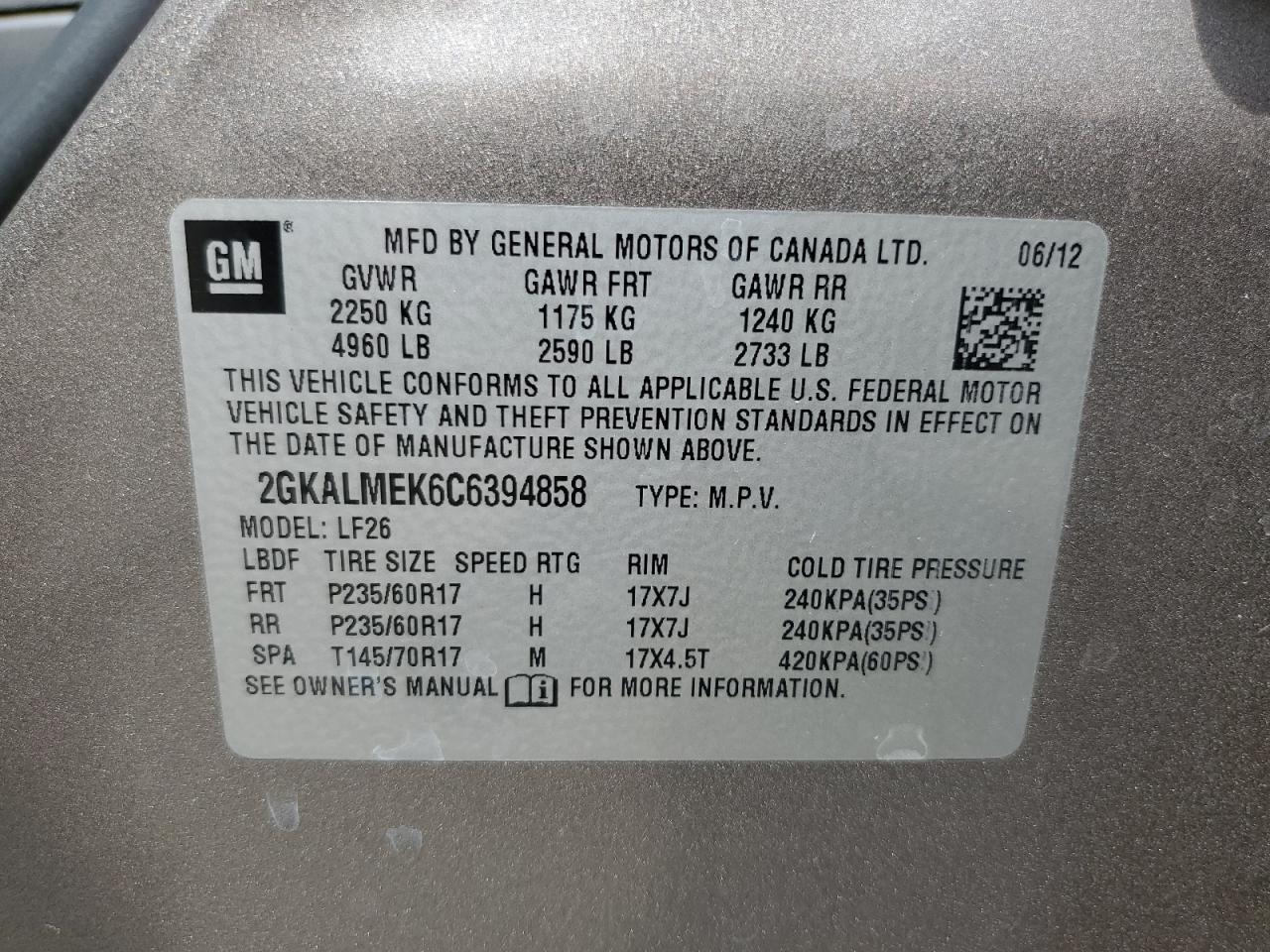 2012 GMC Terrain Sle VIN: 2GKALMEK6C6394858 Lot: 60078534