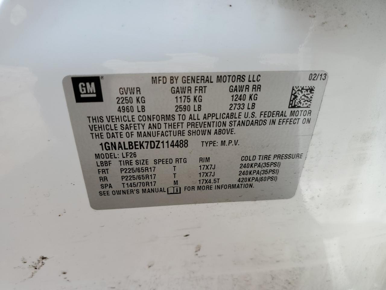 2013 Chevrolet Equinox Ls VIN: 1GNALBEK7DZ114488 Lot: 59259003