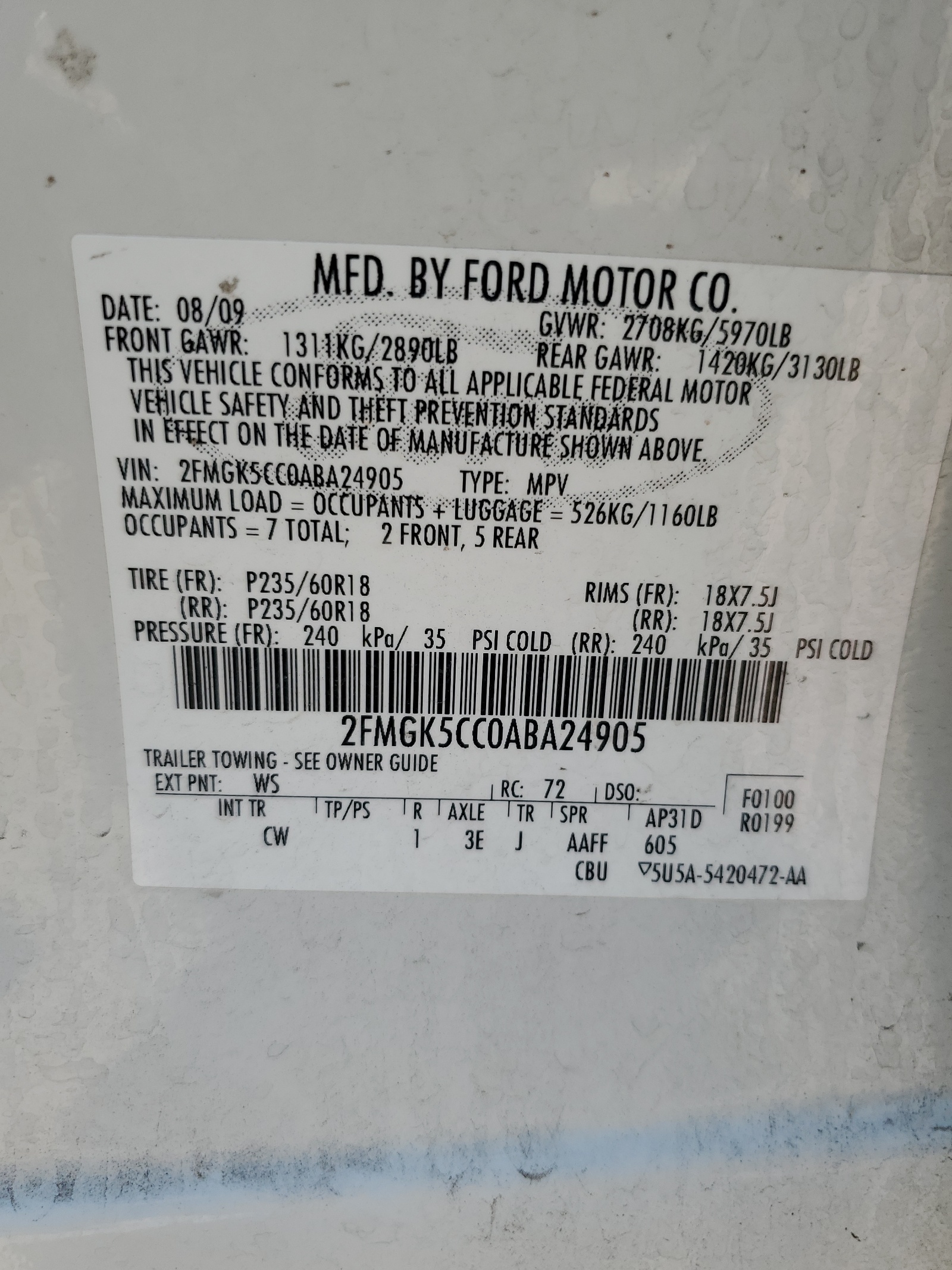 2FMGK5CC0ABA24905 2010 Ford Flex Sel