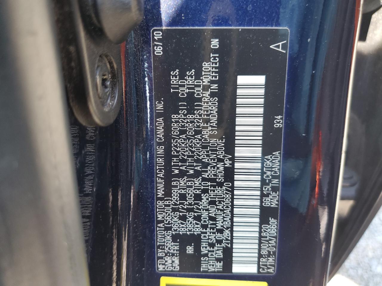 2010 Lexus Rx 350 VIN: 2T2BK1BA0AC068770 Lot: 66268594